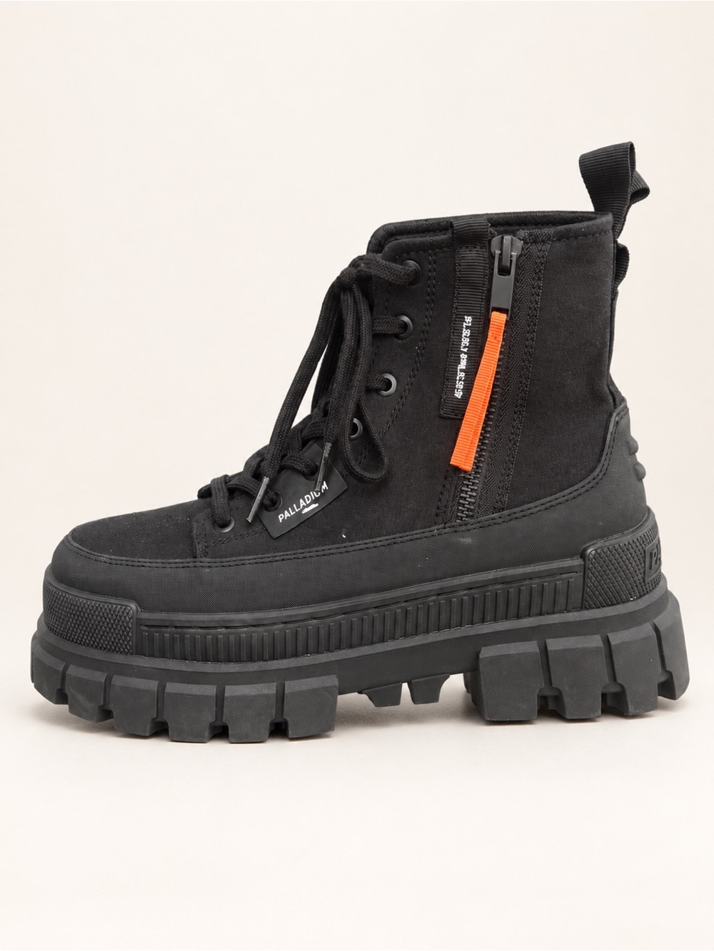 Palladium Revolt Black Platform Chunky Combat Boot with Orange Zip Accent